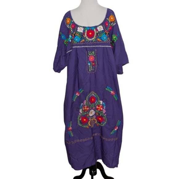 Zapoteco Mexican Embroidered Floral Dress Womens One Size Purple Hand Made - Picture 1 of 10
